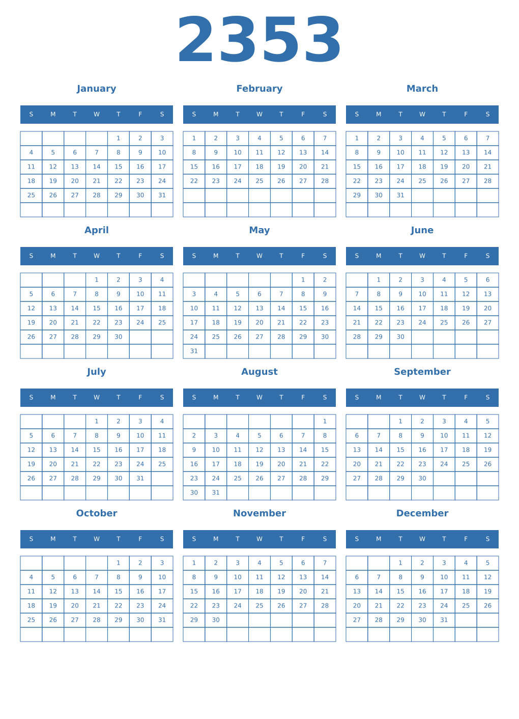 Printable 2353 Year Calendars blue