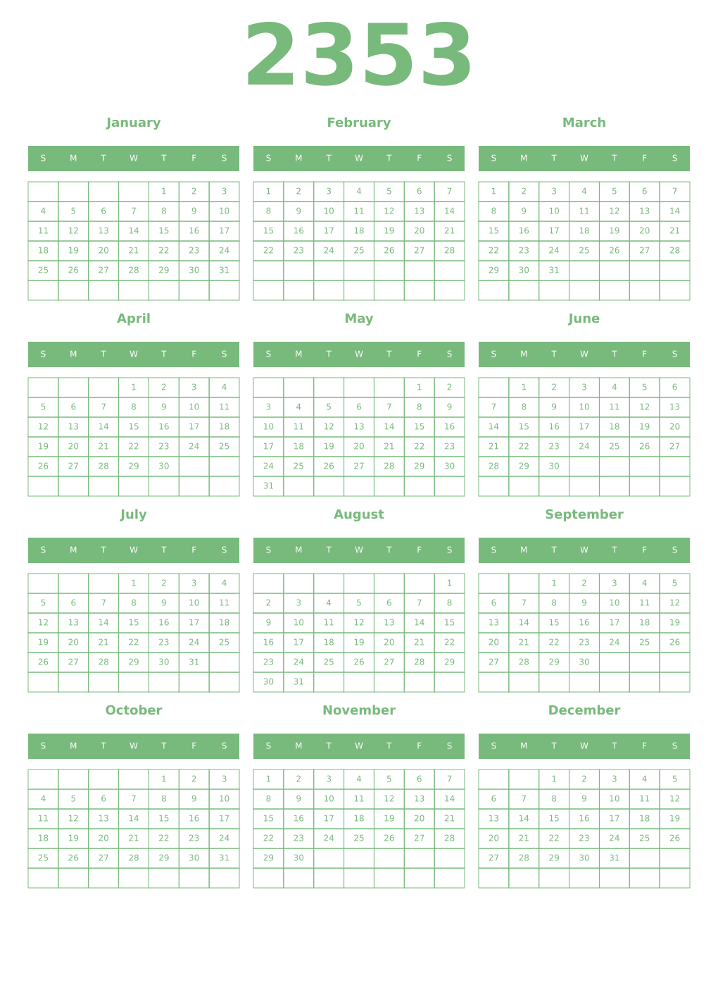 Printable 2353 Year Calendars celadon