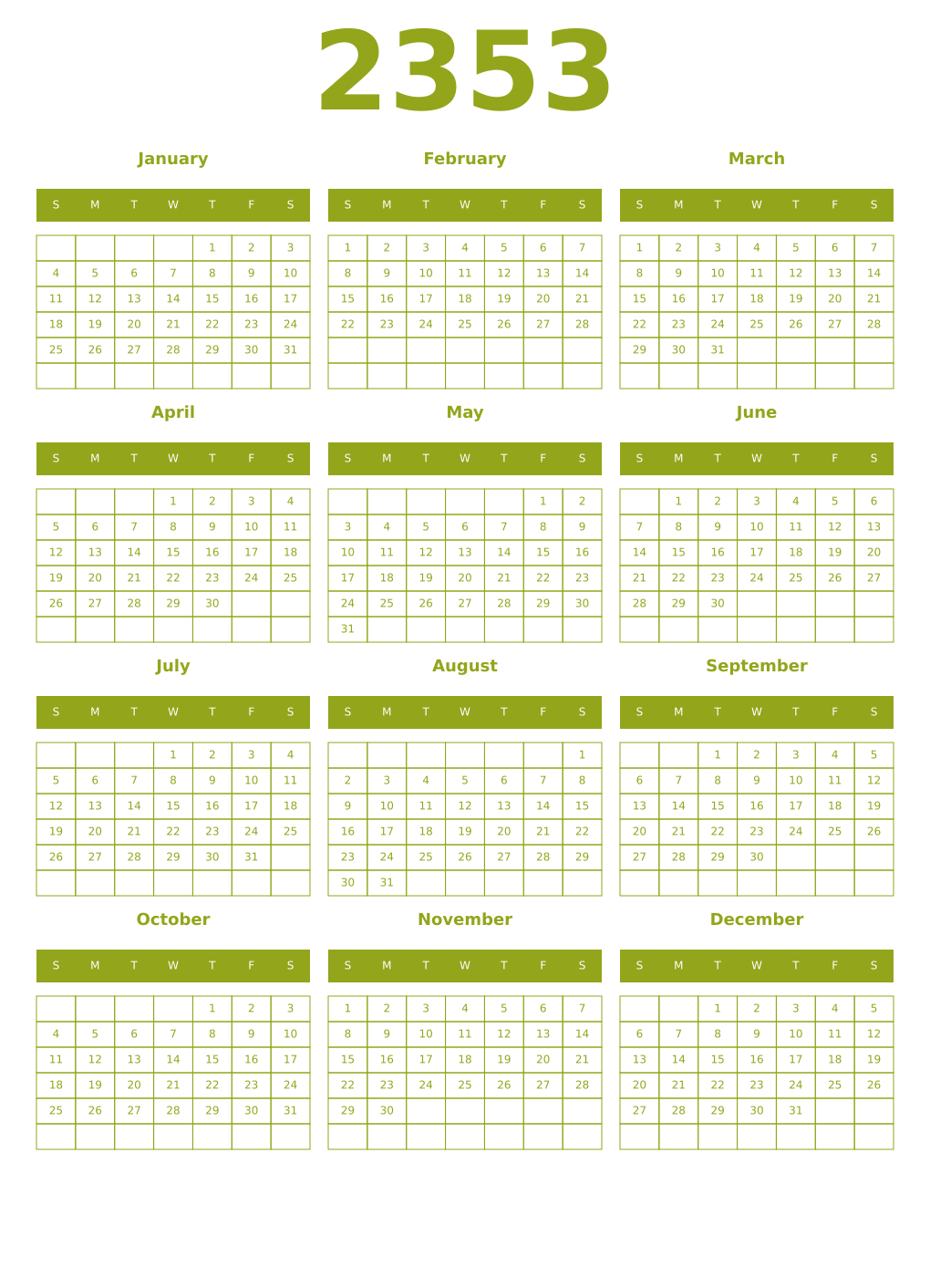 Printable 2353 Year Calendars chartreuse