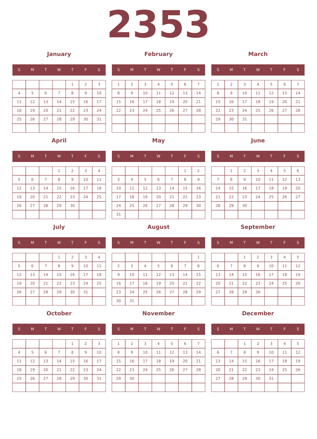 Printable 2353 Year Calendars cordovan