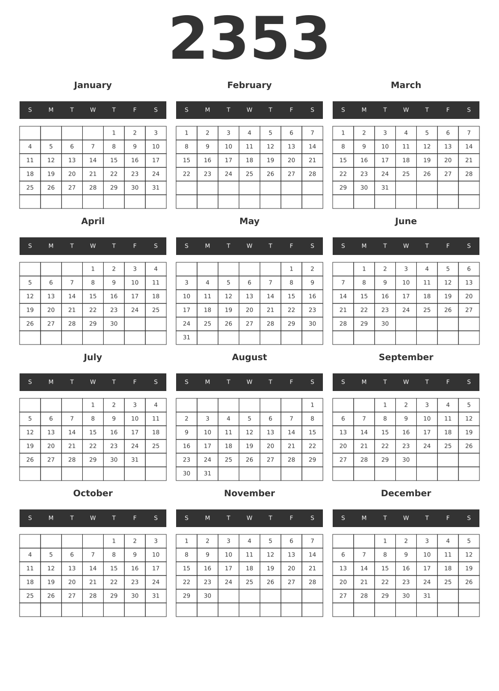 Printable 2353 Year Calendars dark