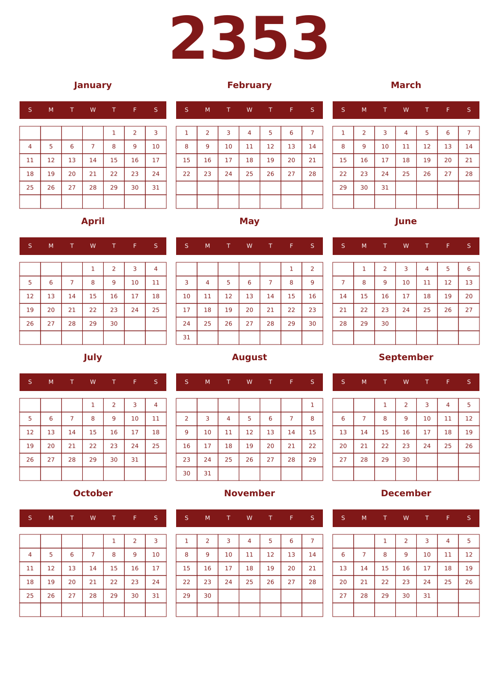 Printable 2353 Year Calendars falu