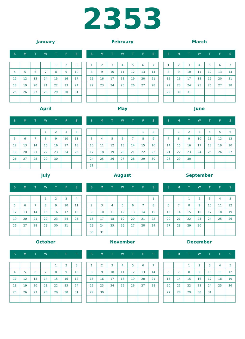 Printable 2353 Year Calendars pastel