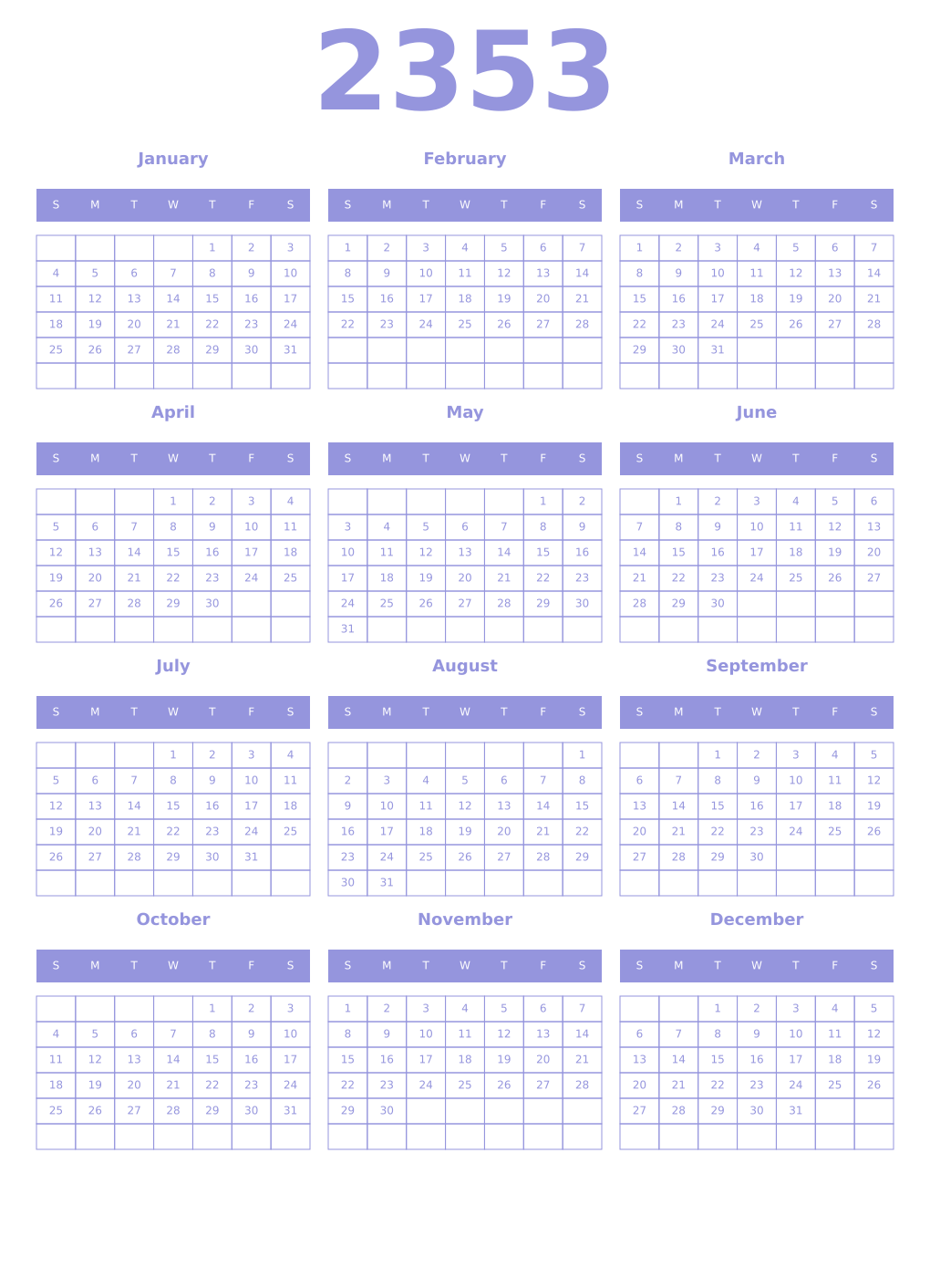 Printable 2353 Year Calendars periwinkle