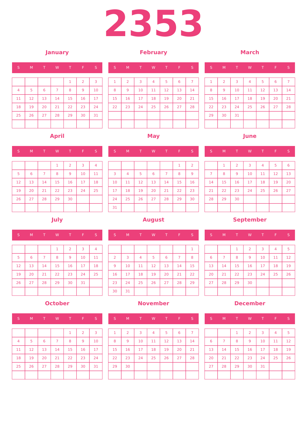 Printable 2353 Year Calendars pink