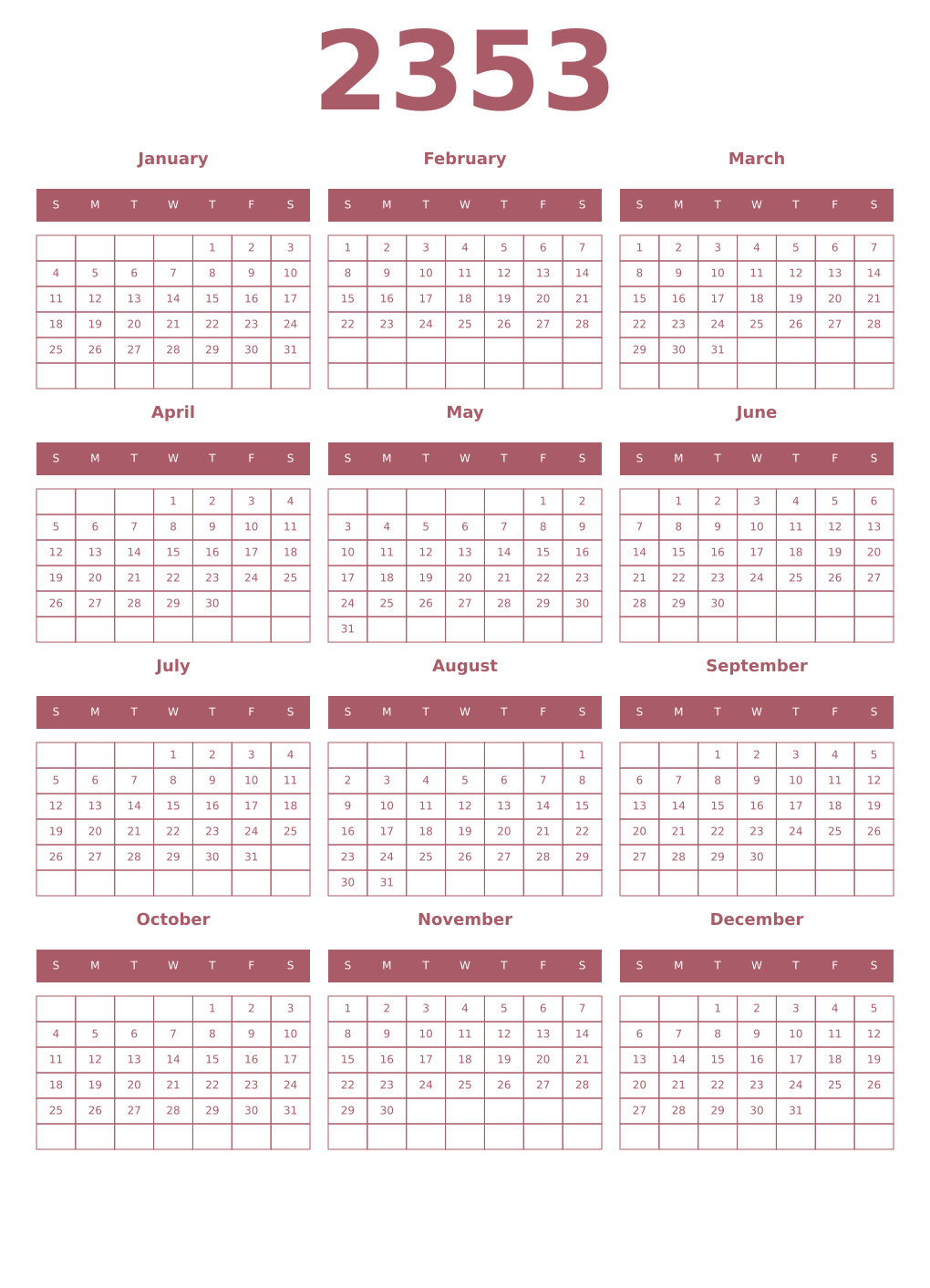 Printable 2353 Year Calendars puce