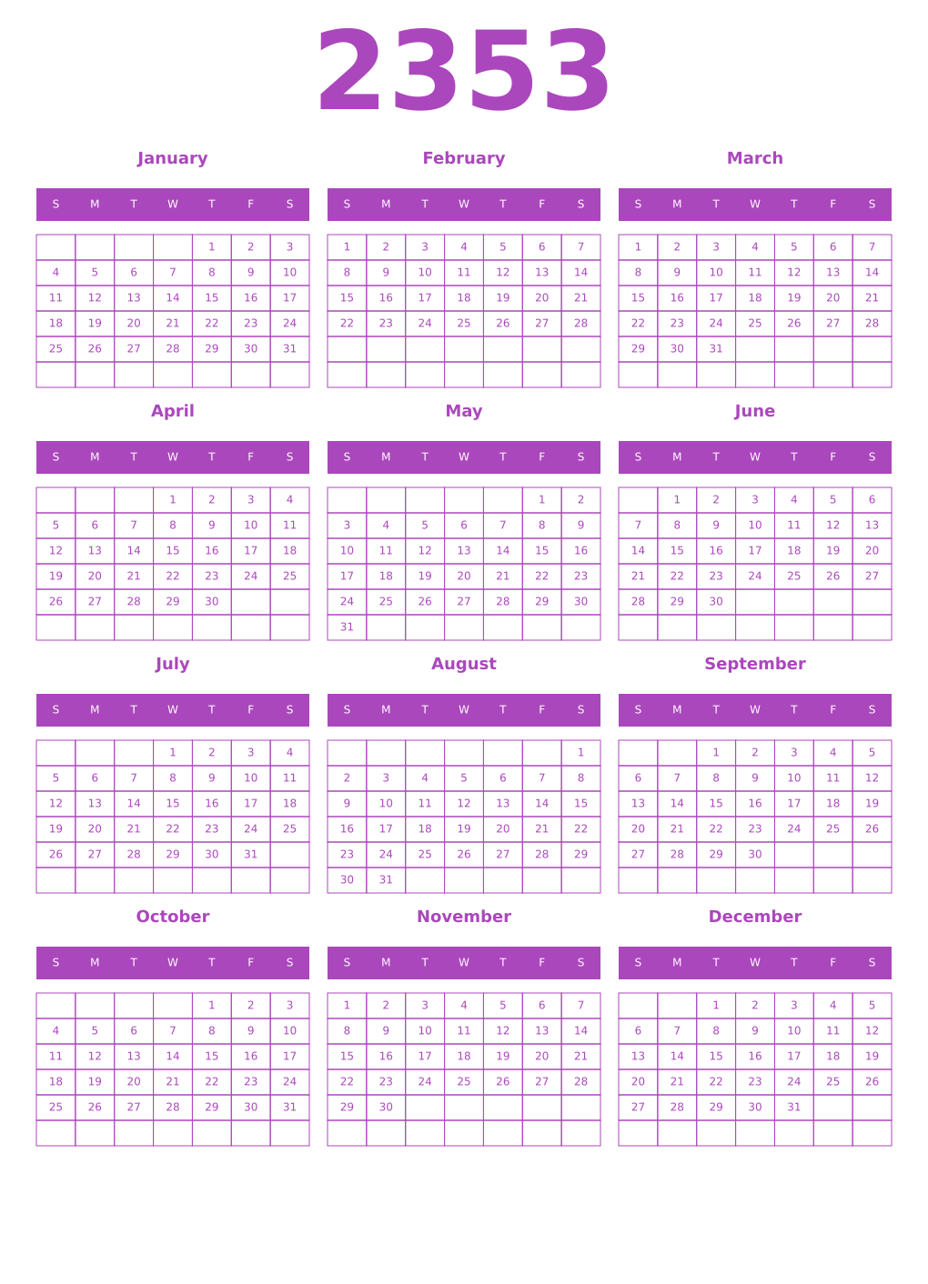 Printable 2353 Year Calendars purple