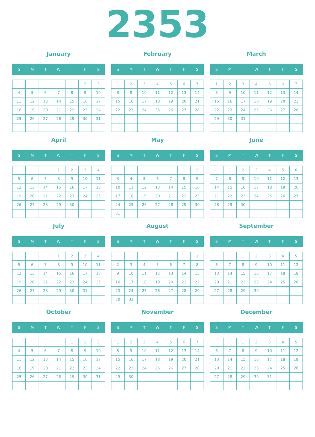 Printable 2353 Year Calendars verdigris