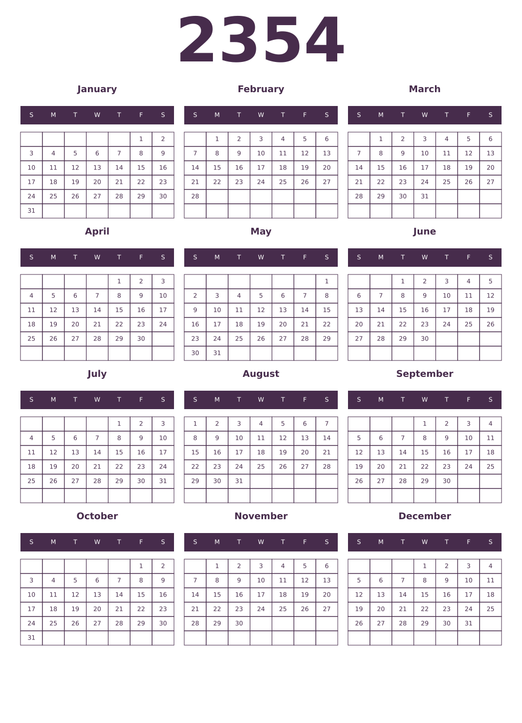 Printable 2354 Year Calendars aubergine