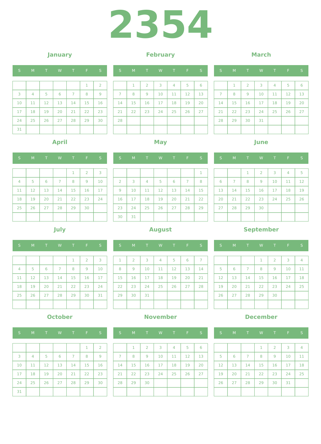 Printable 2354 Year Calendars celadon