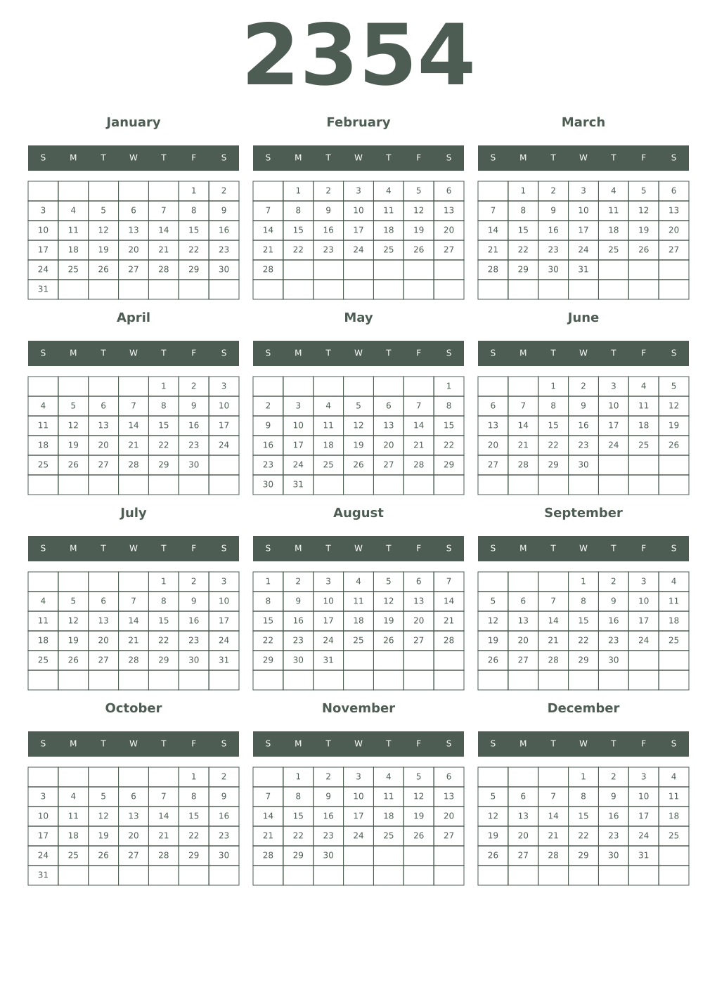 Printable 2354 Year Calendars feldgrau