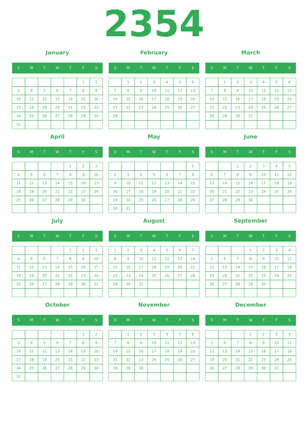 Printable 2354 Year Calendars green
