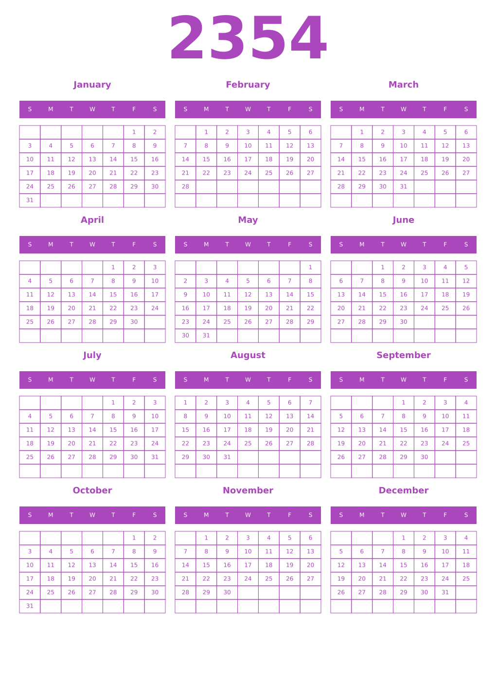 Printable 2354 Year Calendars purple