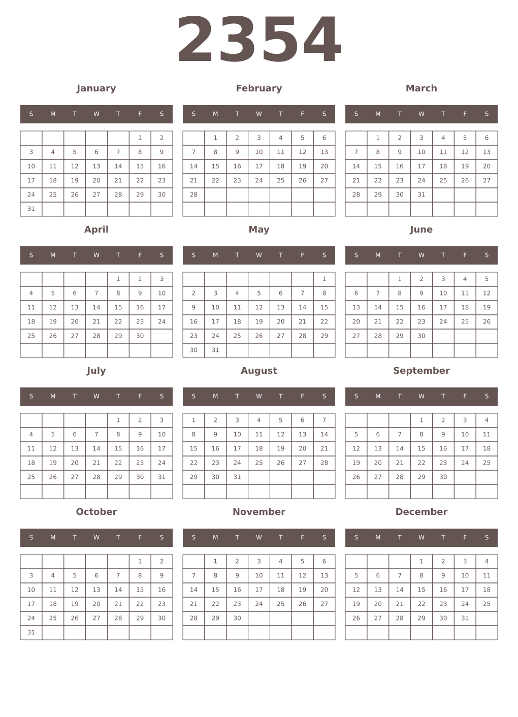 Printable 2354 Year Calendars wenge