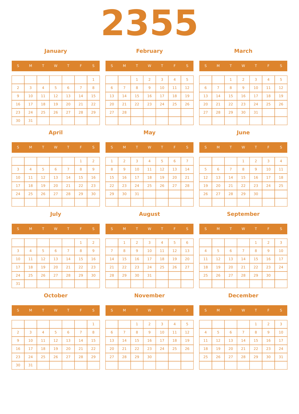 Printable 2355 Year Calendars orange