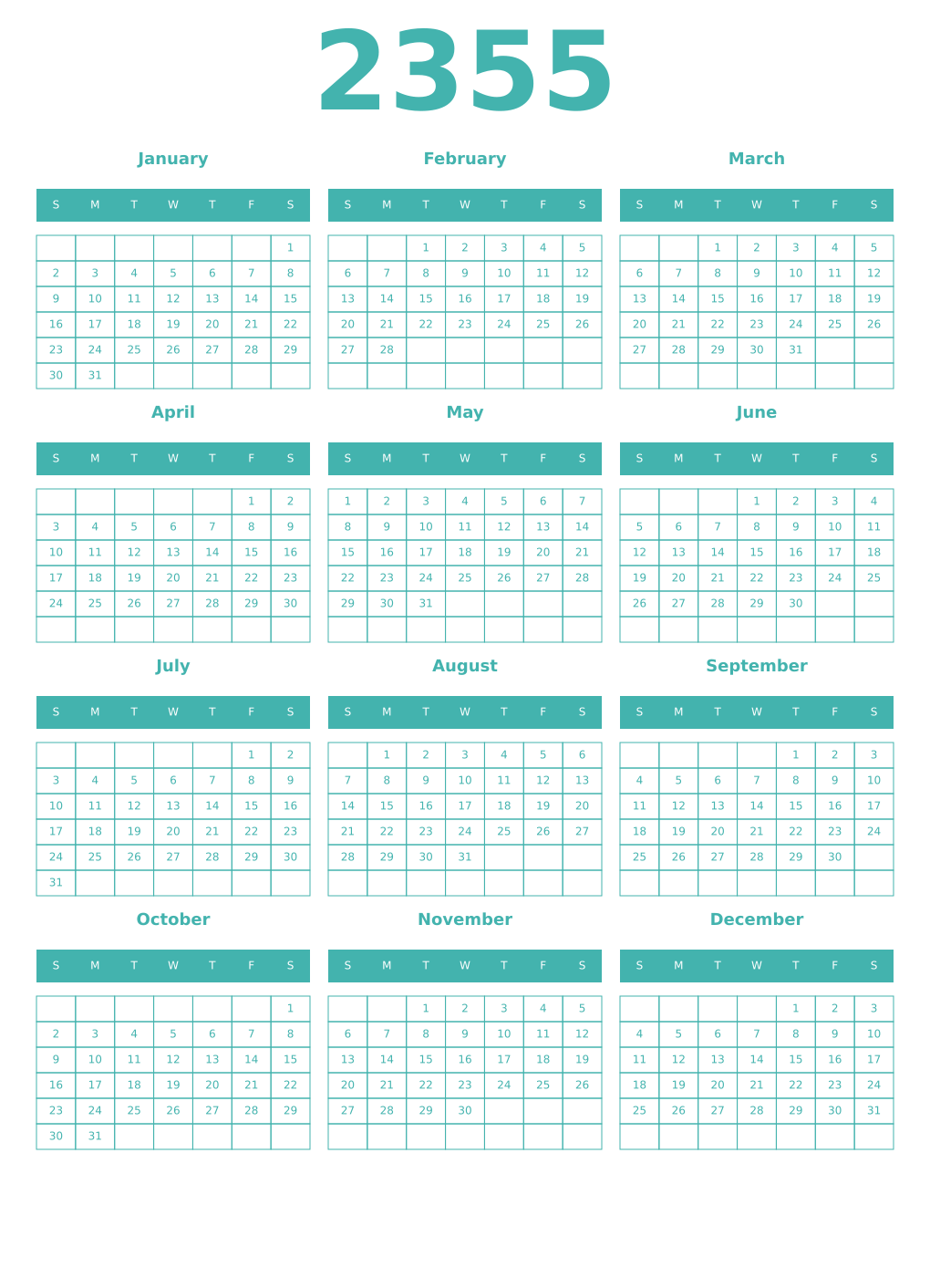 Printable 2355 Year Calendars verdigris