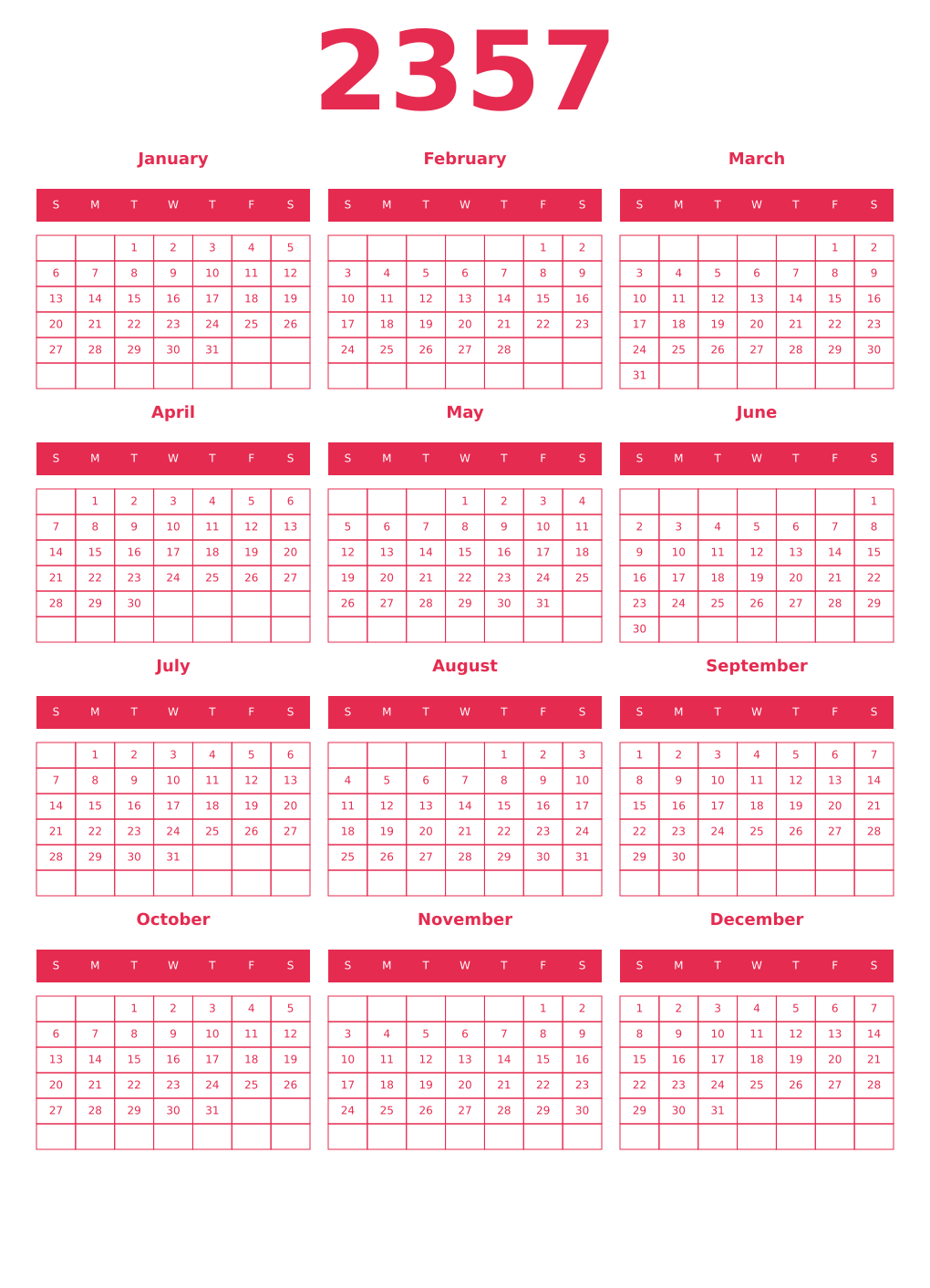 Printable 2357 Year Calendars amaranth