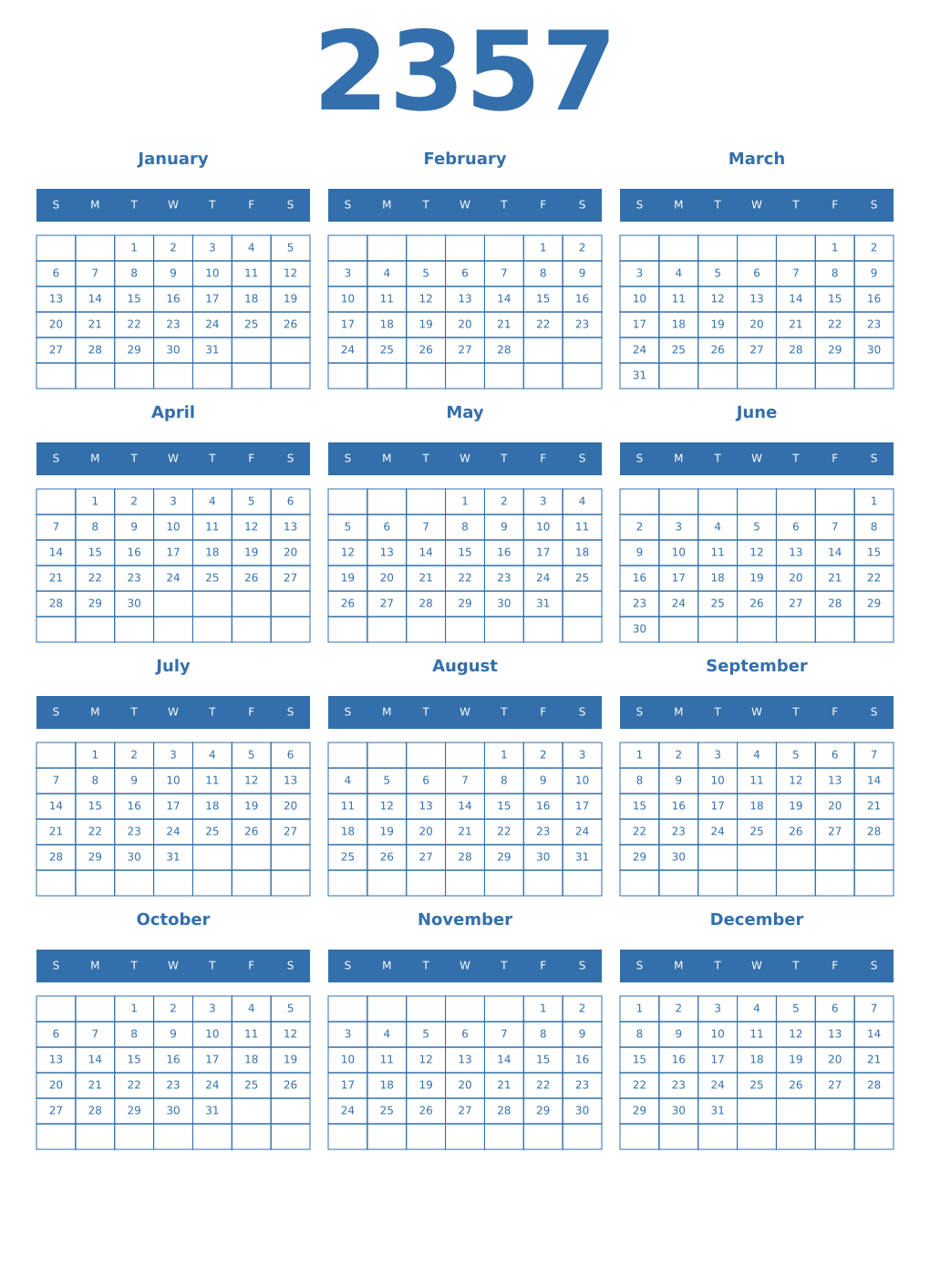 Printable 2357 Year Calendars blue