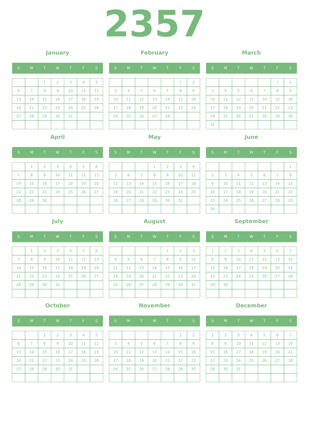 Printable 2357 Year Calendars celadon
