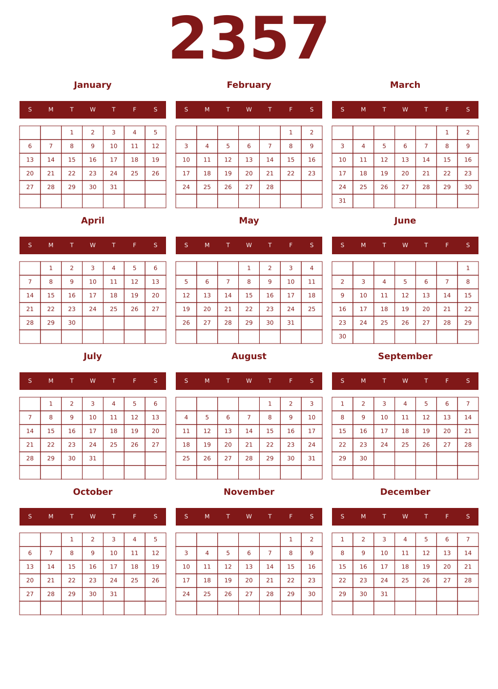 Printable 2357 Year Calendars falu