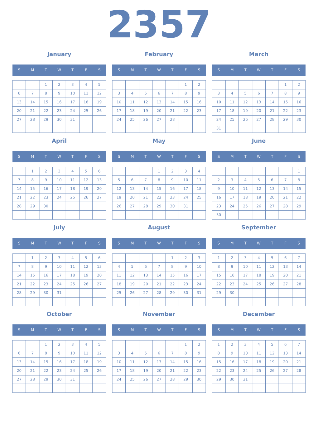 Printable 2357 Year Calendars glaucous