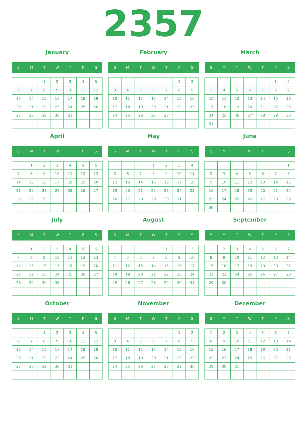 Printable 2357 Year Calendars green