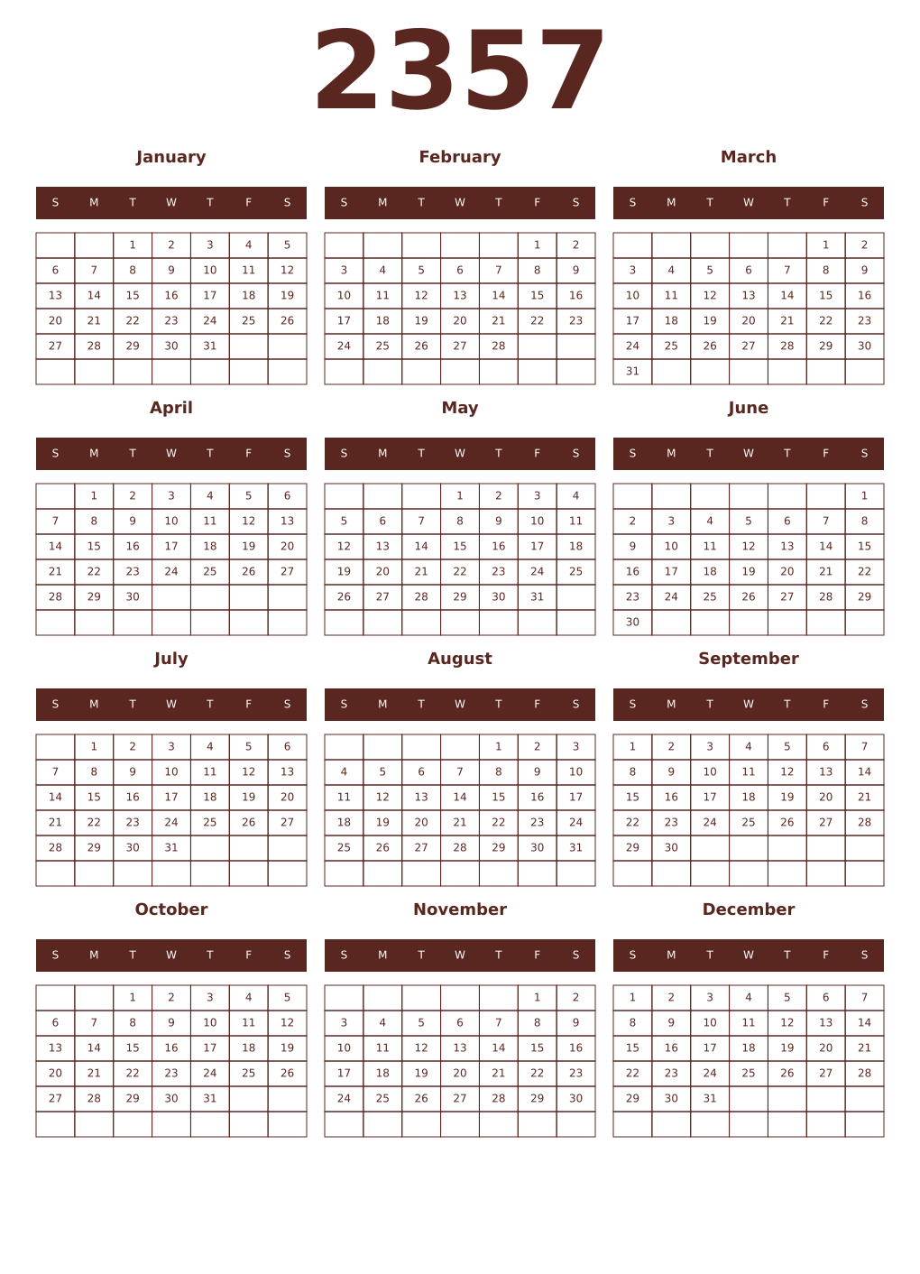 Printable 2357 Year Calendars mortuum