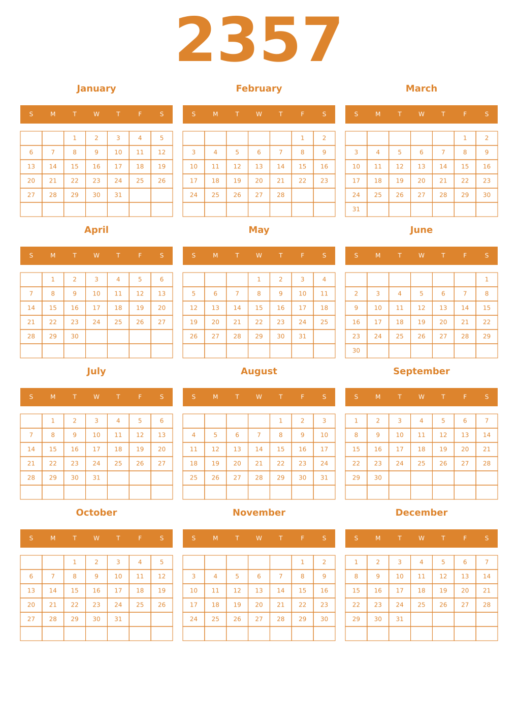 Printable 2357 Year Calendars orange