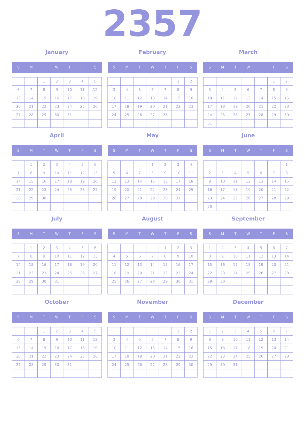 Printable 2357 Year Calendars periwinkle