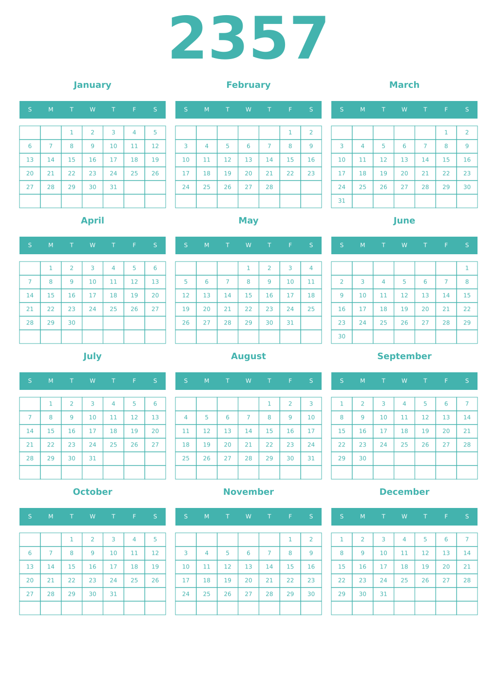 Printable 2357 Year Calendars verdigris