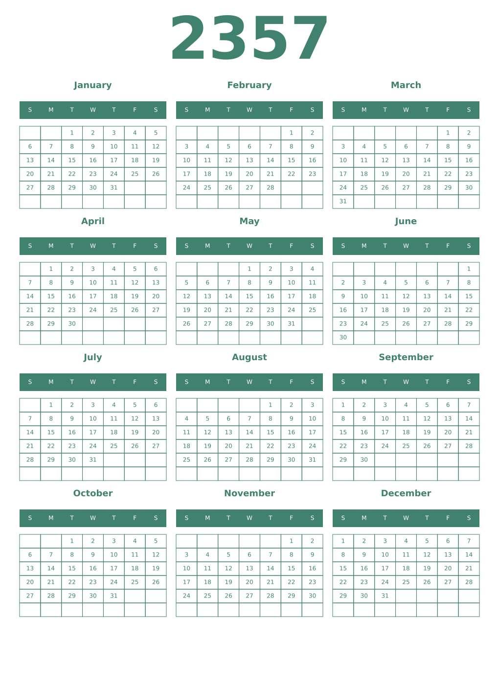 Printable 2357 Year Calendars viridian