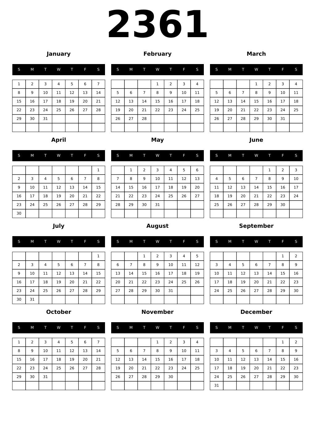 Printable 2361 Year Calendars black