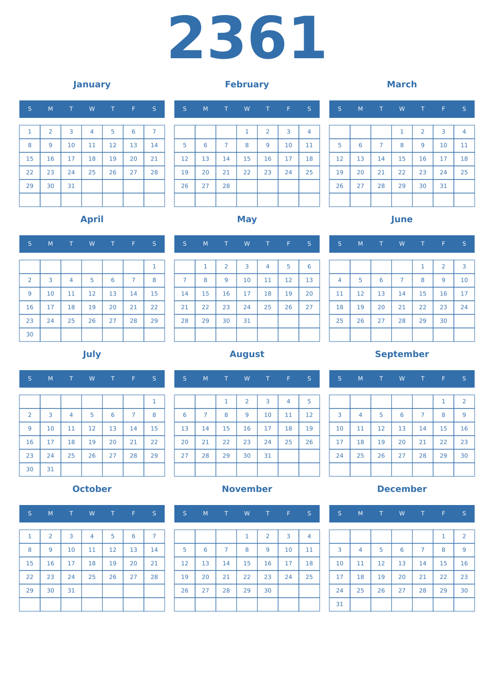 Printable 2361 Year Calendars blue