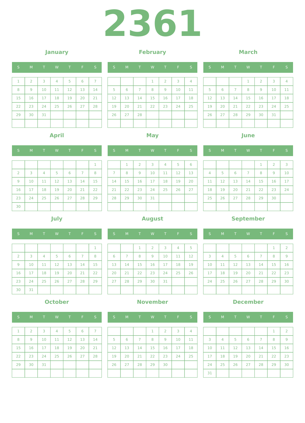 Printable 2361 Year Calendars celadon