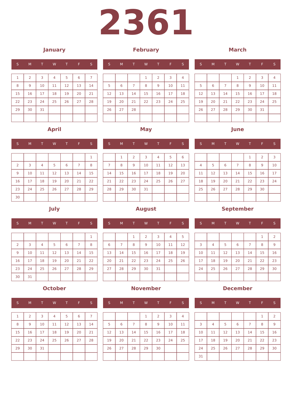 Printable 2361 Year Calendars cordovan