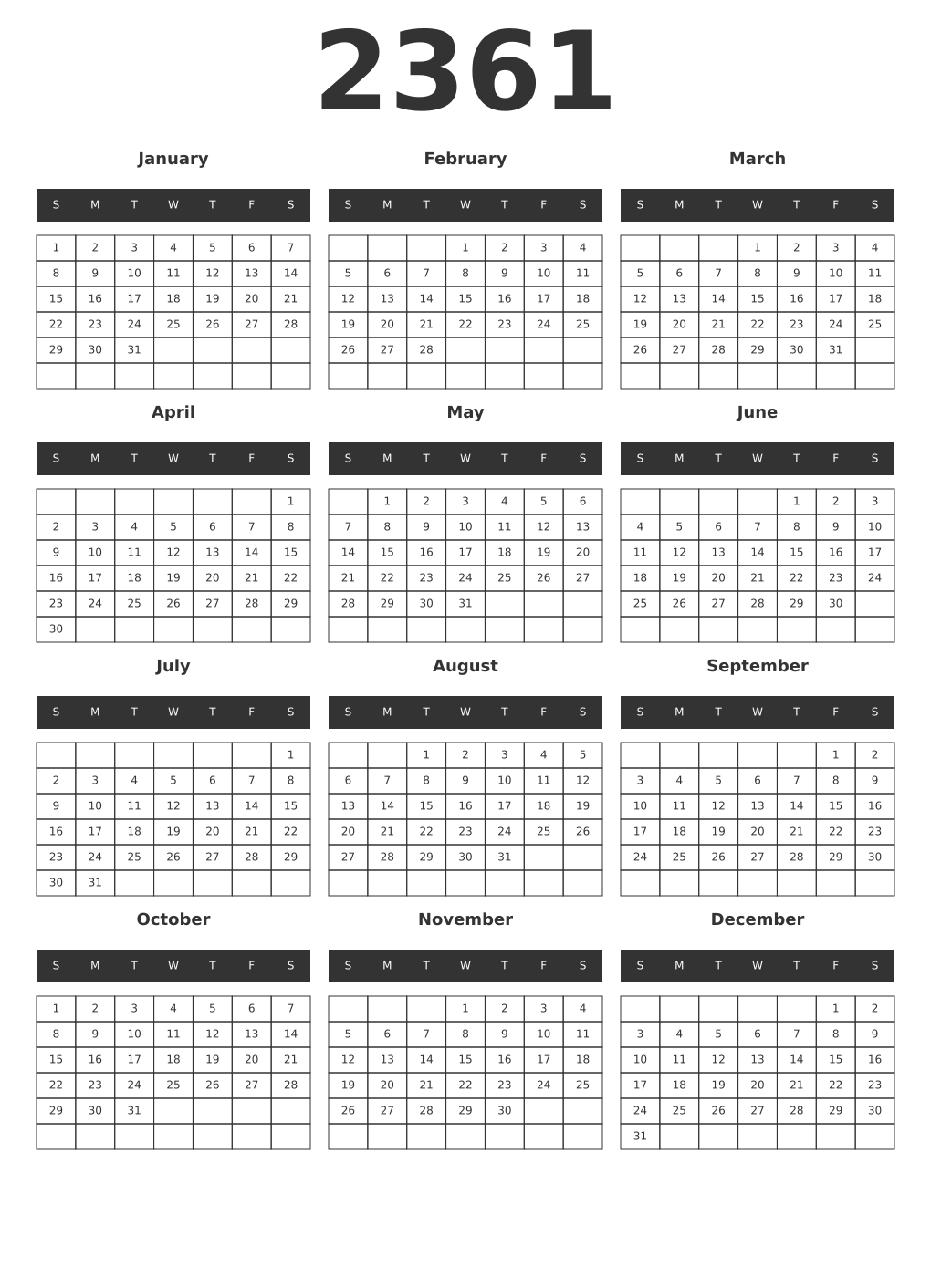 Printable 2361 Year Calendars dark