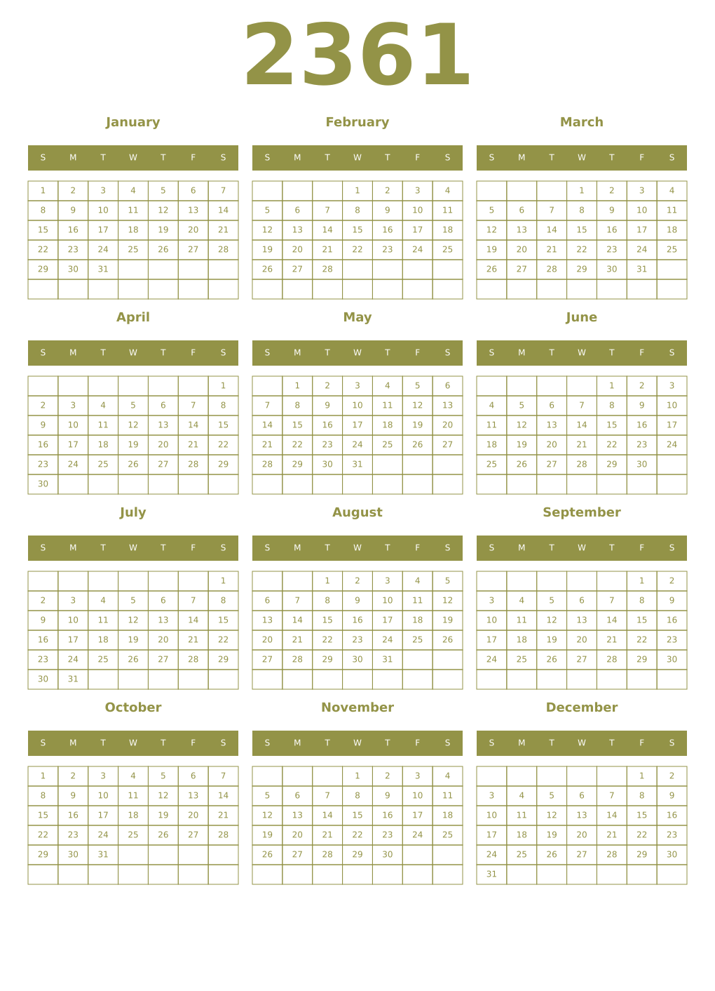 Printable 2361 Year Calendars eburnean