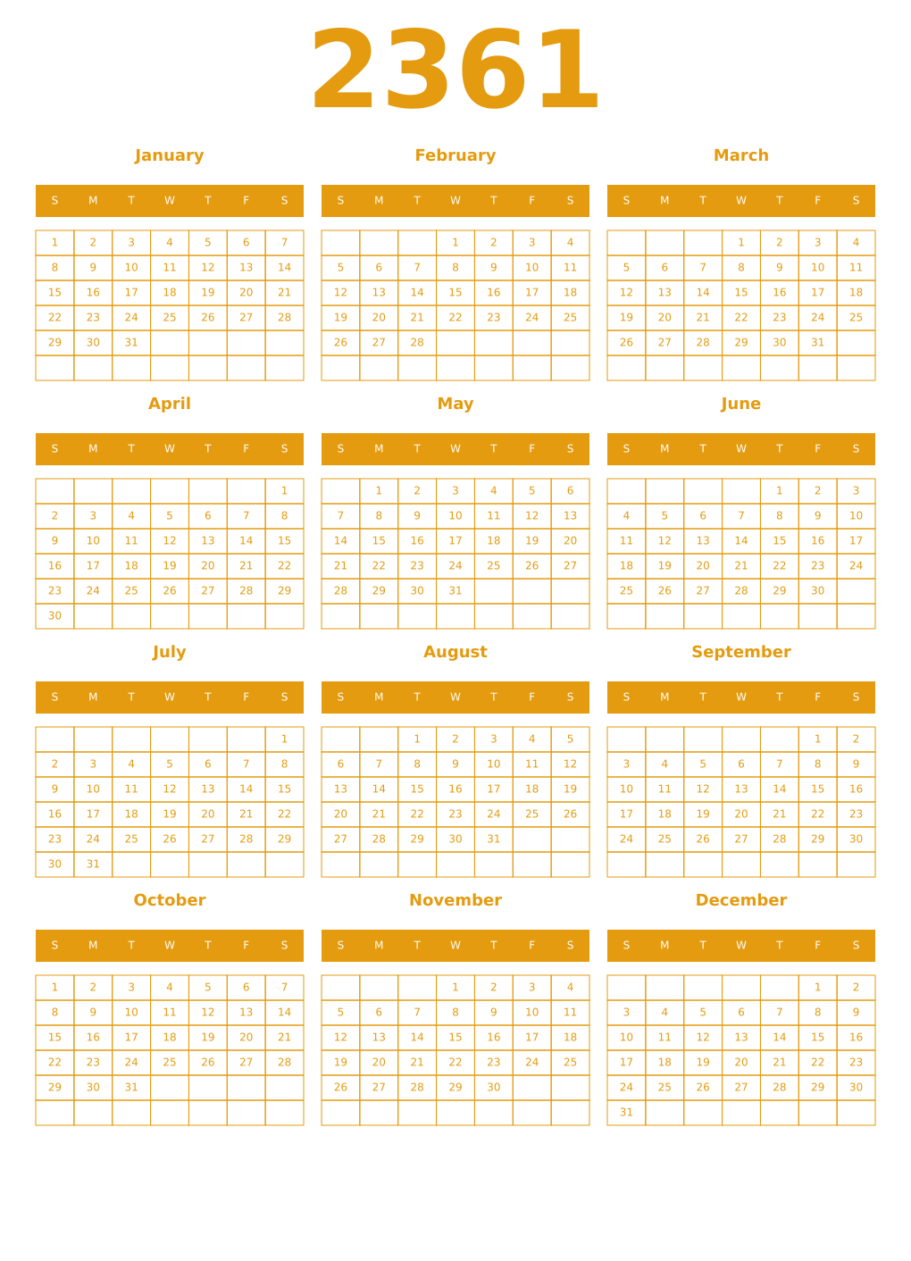 Printable 2361 Year Calendars gamboge