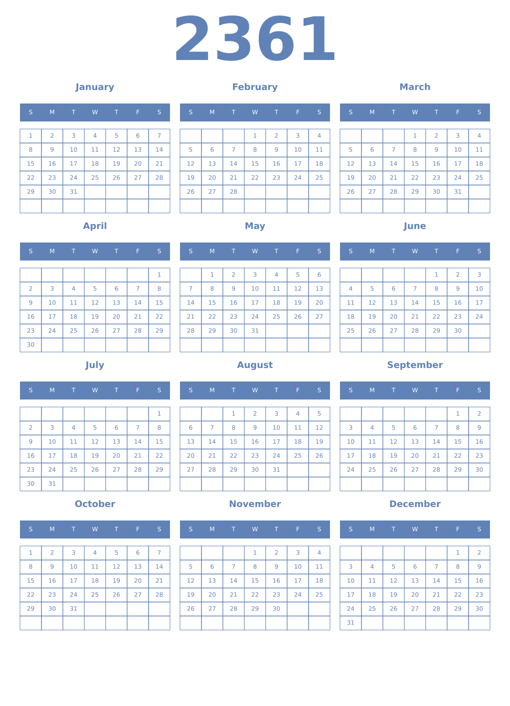 Printable 2361 Year Calendars glaucous
