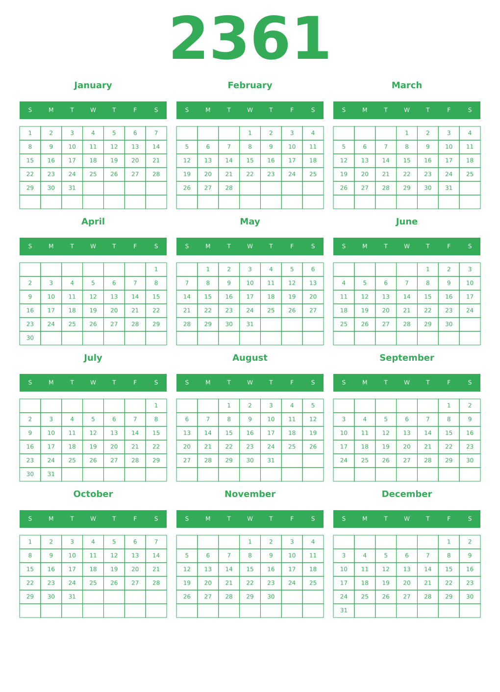 Printable 2361 Year Calendars green