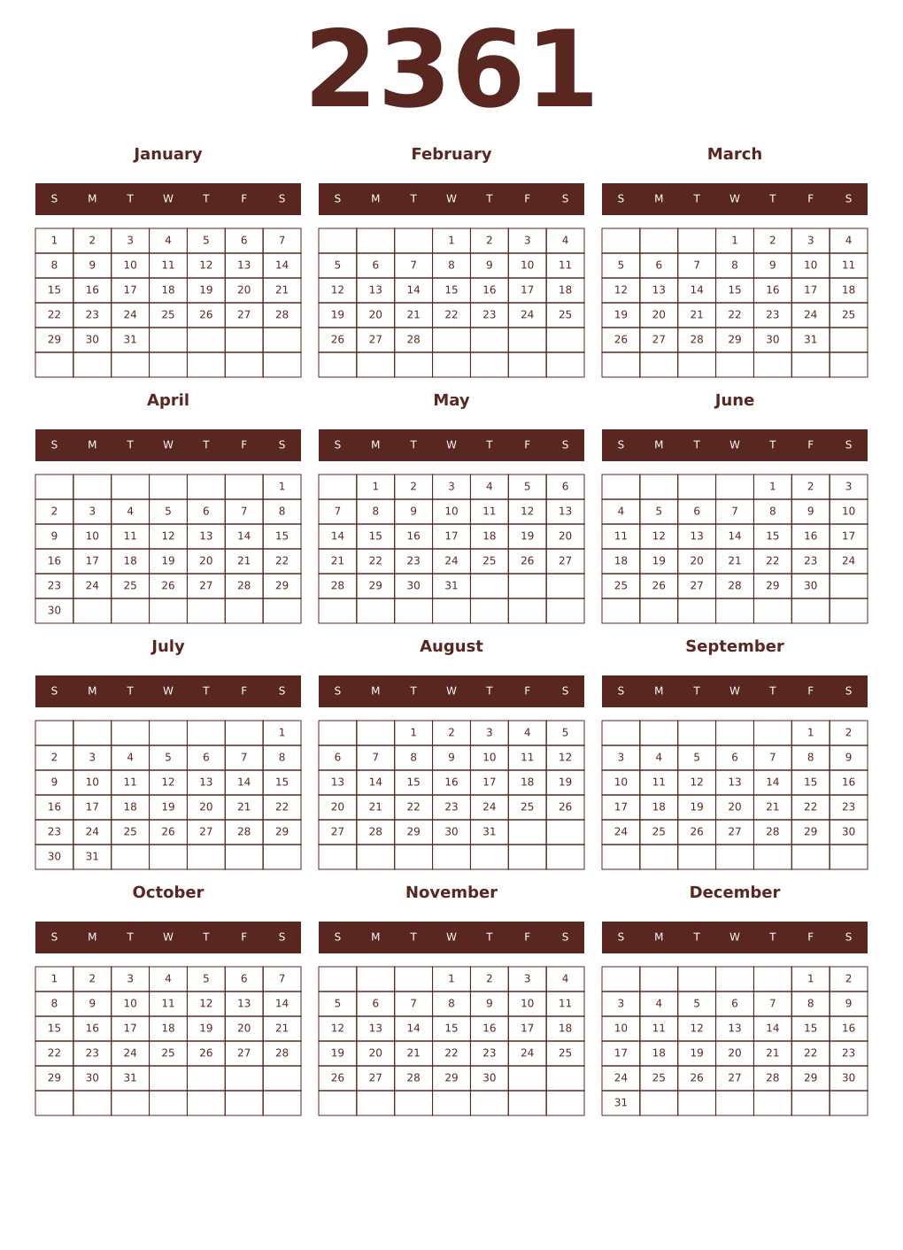 Printable 2361 Year Calendars mortuum