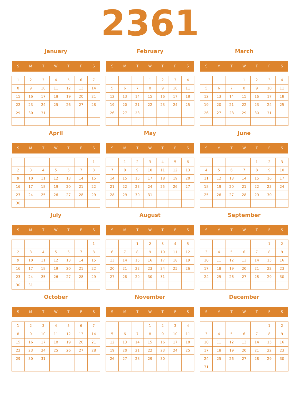 Printable 2361 Year Calendars orange
