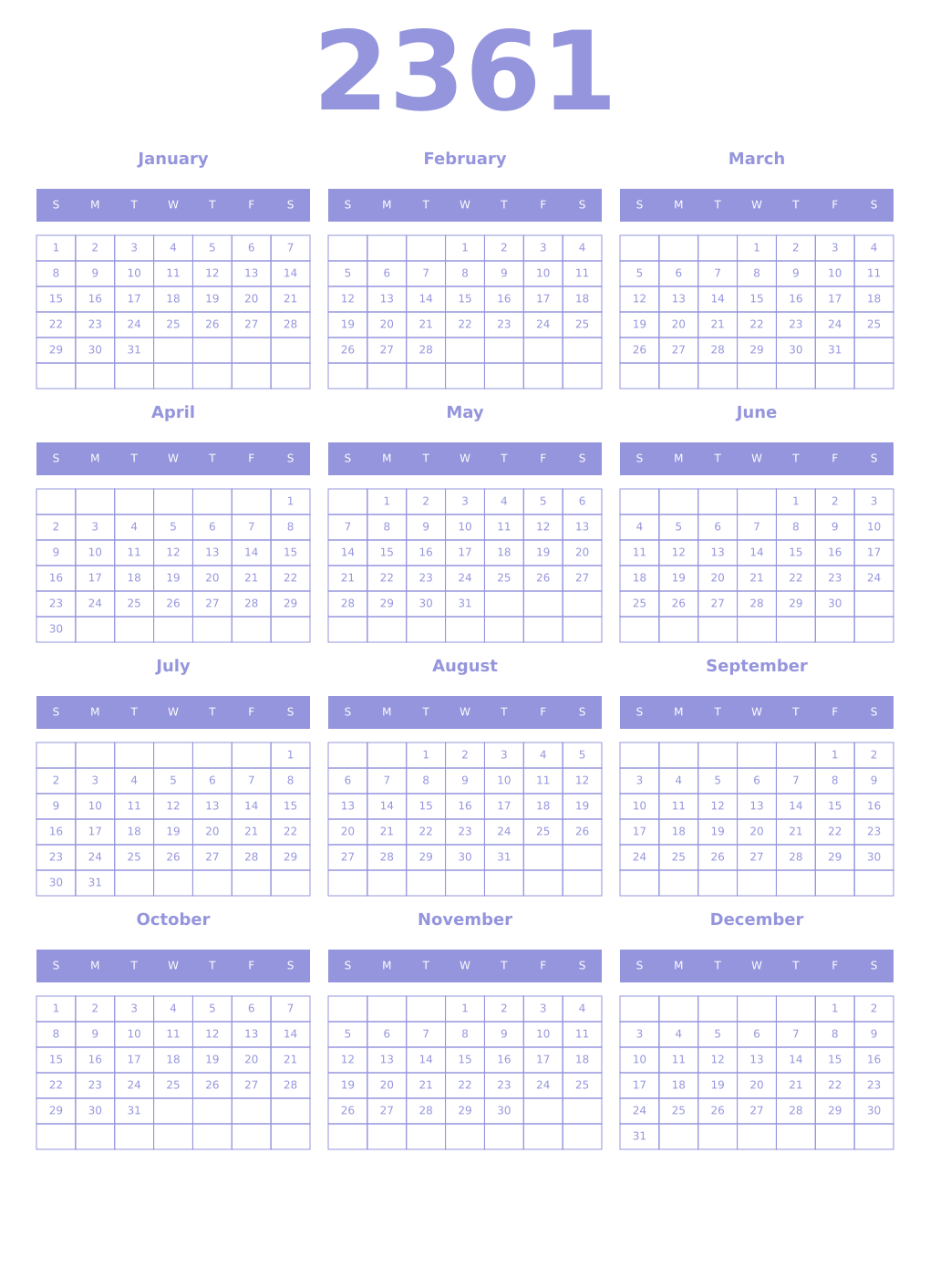 Printable 2361 Year Calendars periwinkle