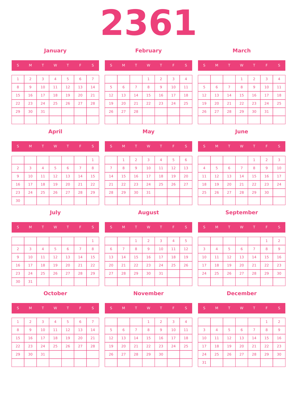 Printable 2361 Year Calendars pink