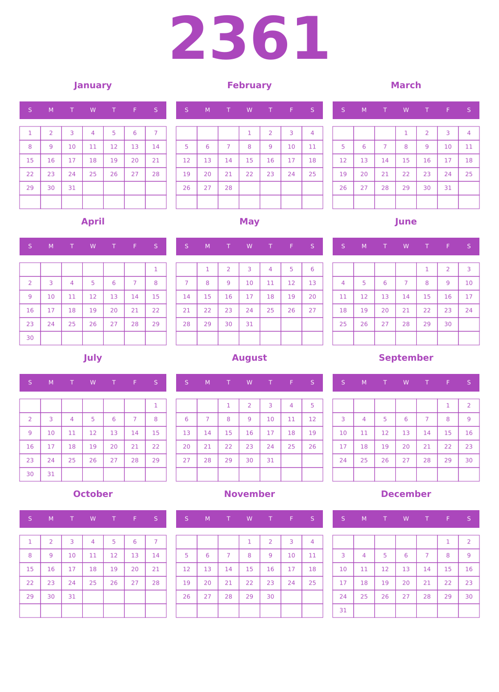 Printable 2361 Year Calendars purple
