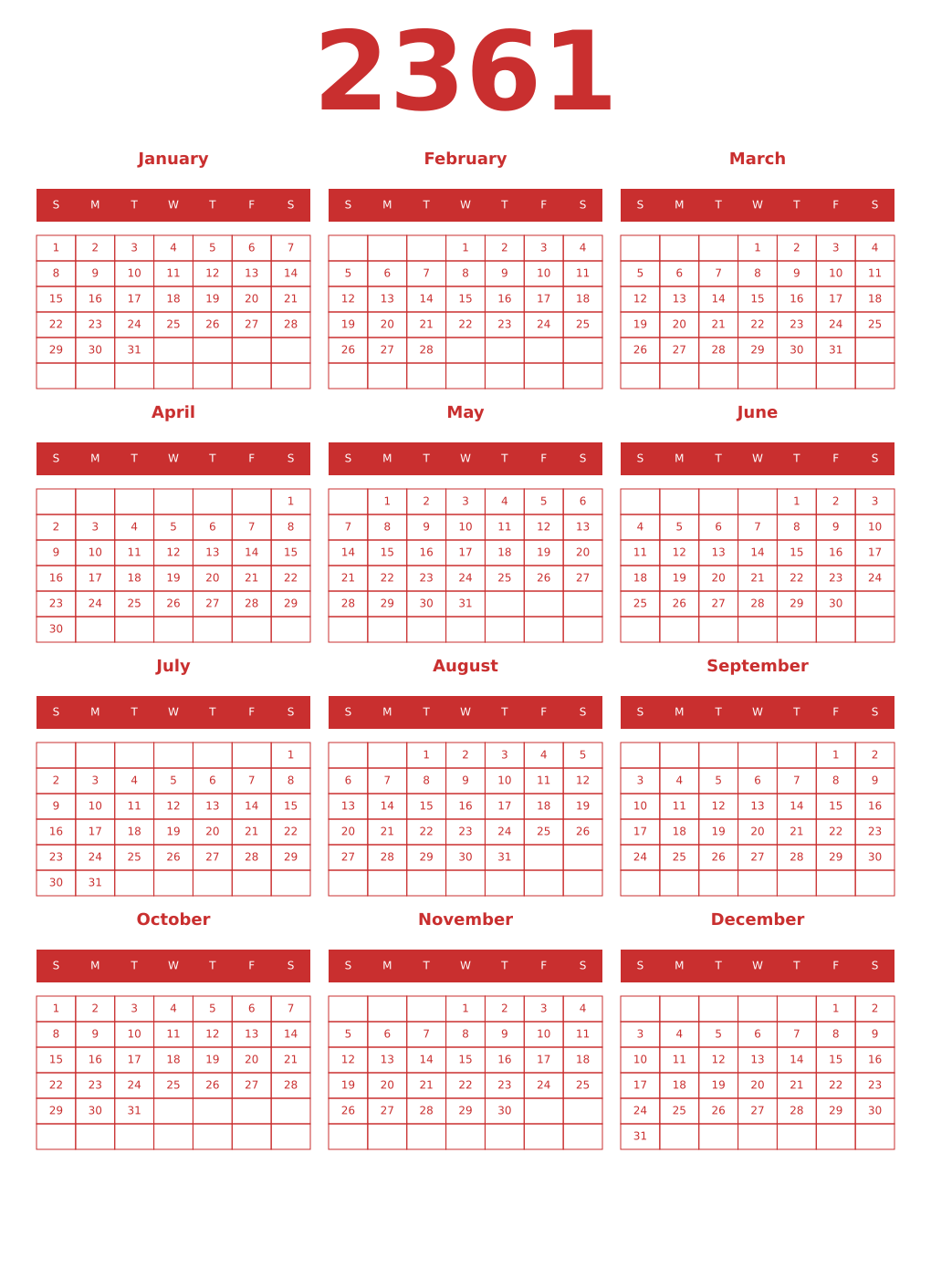 Printable 2361 Year Calendars red