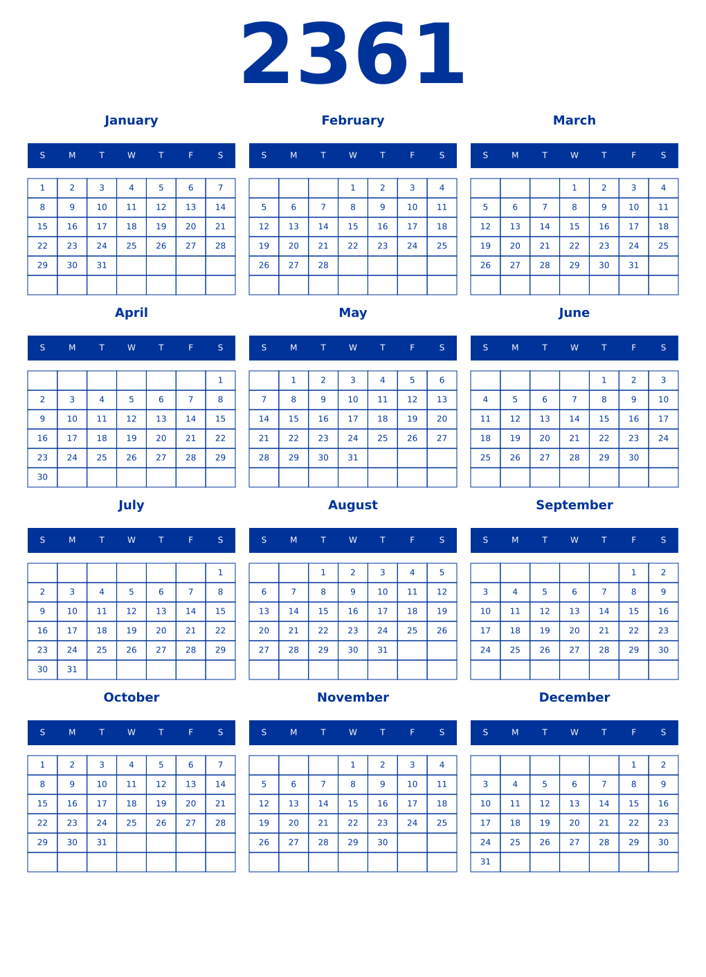 Printable 2361 Year Calendars smalt