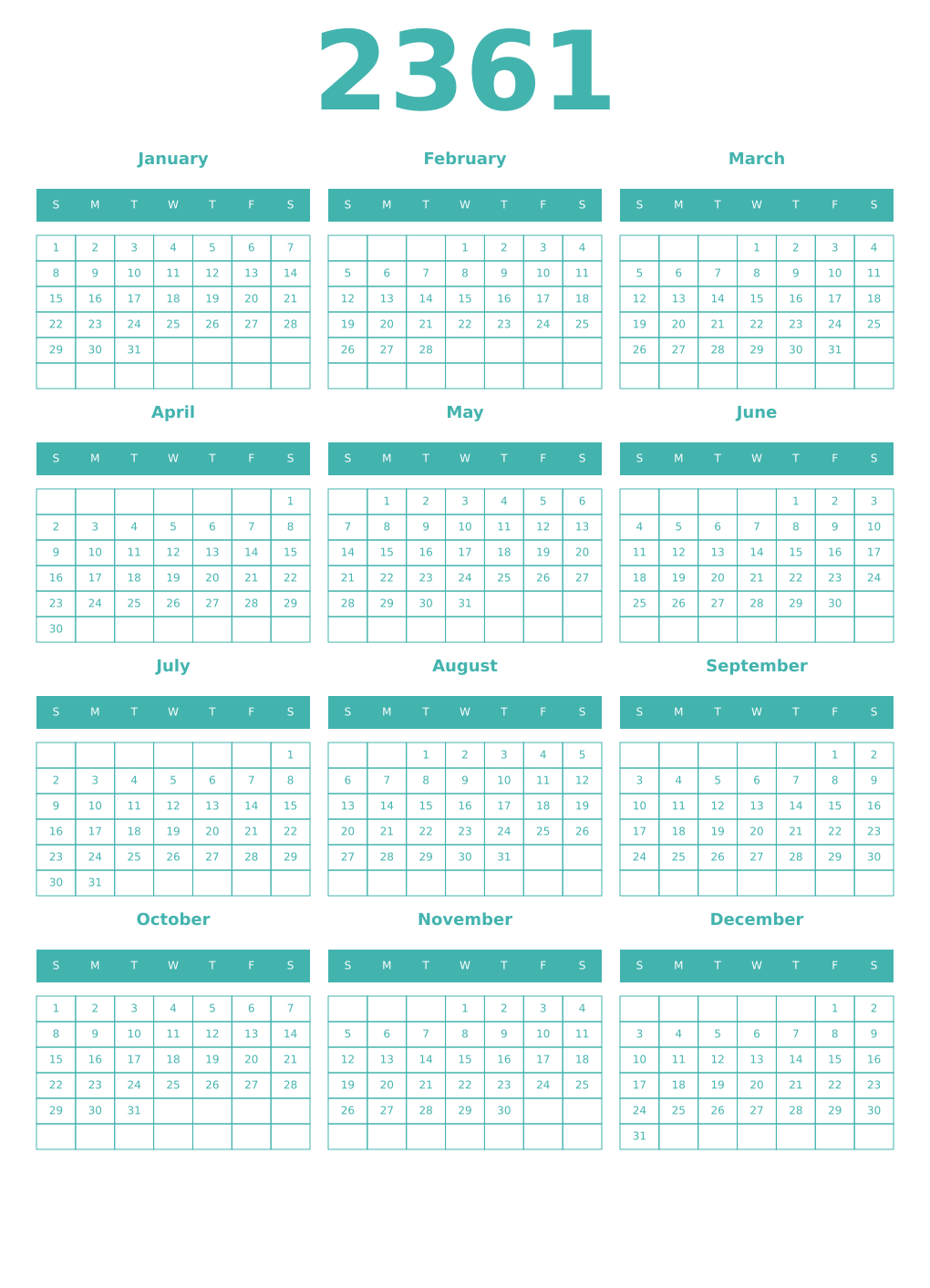 Printable 2361 Year Calendars verdigris