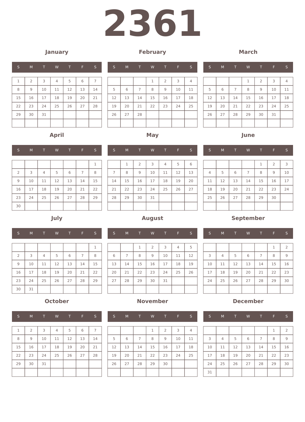 Printable 2361 Year Calendars wenge