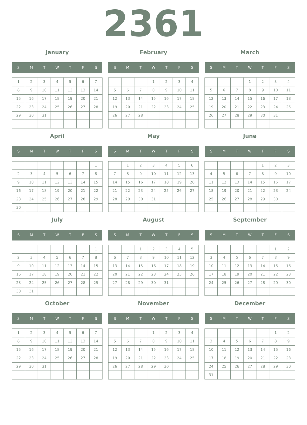 Printable 2361 Year Calendars xanadu